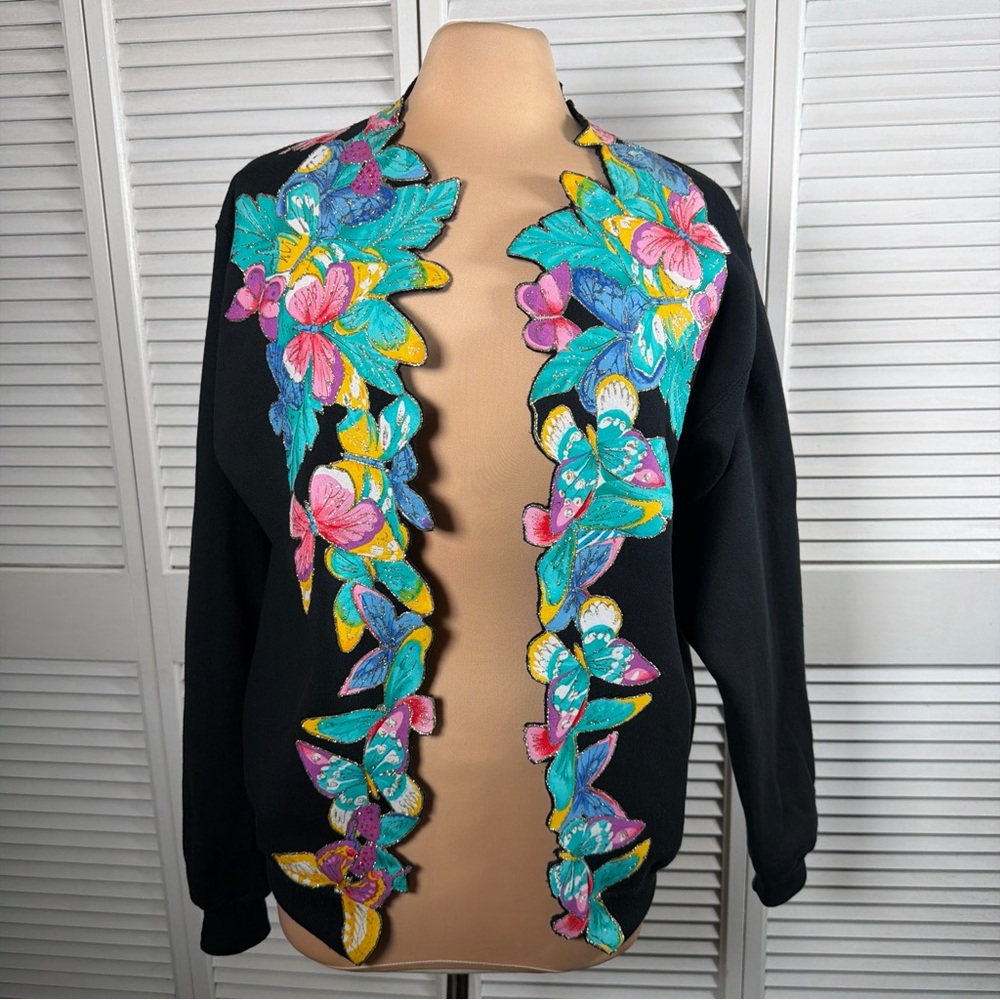 Cheetah Mervyns Floral Glitter Appliqué Cardigan‎ Sweater Black Medium